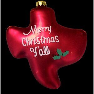 VTG Cherry Designs Glass Ornament Texas Shape “Merry Christmas Y’all” RARE Red
